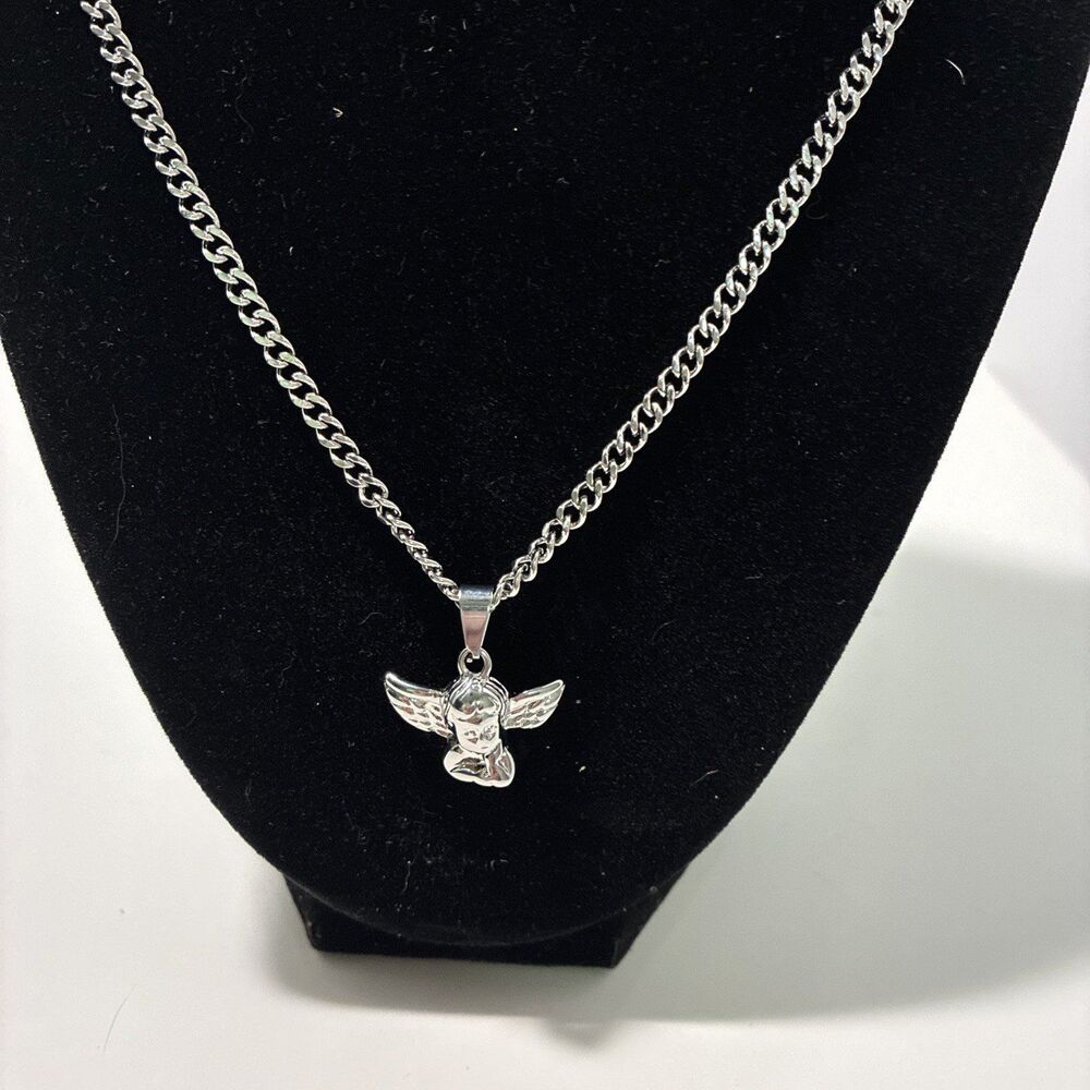 Dalmata Cherub Necklace Silvertone 21 In FREE SHIPPING
